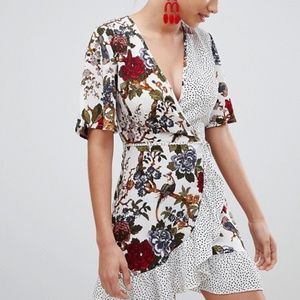 NWT Missguided Floral & Polka Dot Wrap Tea Dress